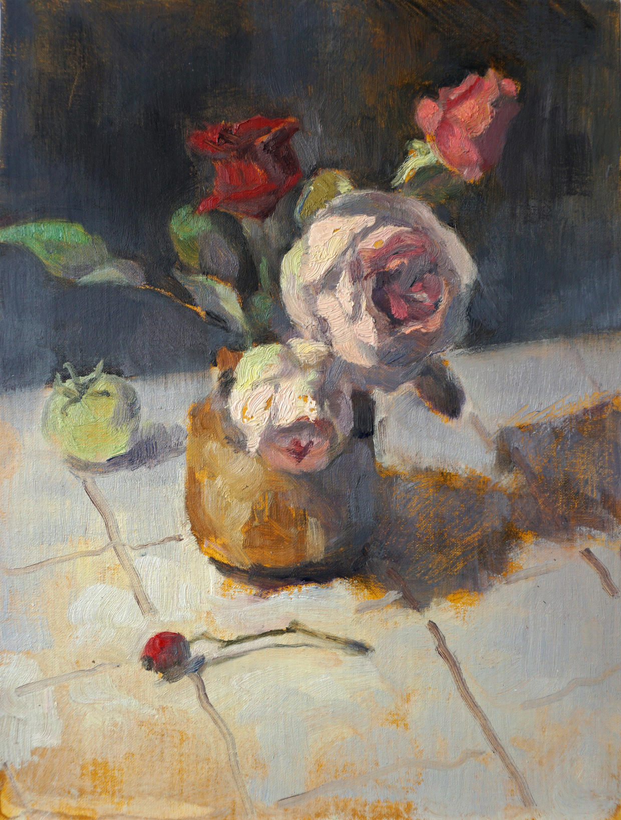 Stillleben mit Rosen und grüner Tomate - Ruxiao Zhang 1